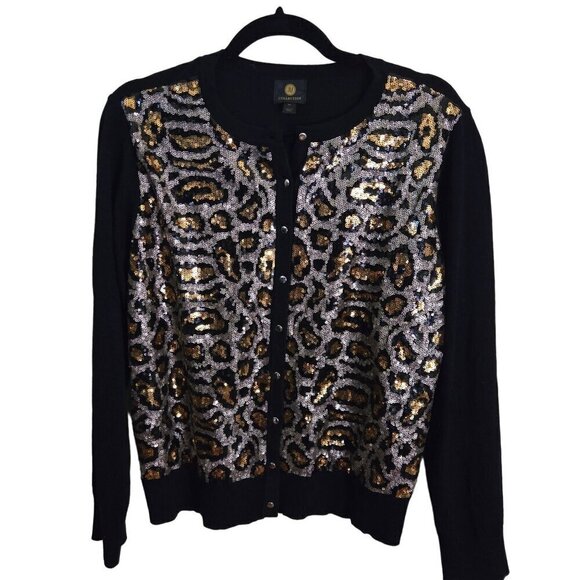 JM Collection Leopard Sequin Party Cardigan Sweater Rayon Blend Size PL - Picture 2 of 9